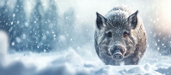 Wild Boar in Snowy Landscape Close Up Majestic Winter Scene Perfect for Nature Themes and Text Overlay