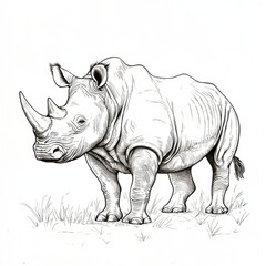 Obraz premium Rhino Line Drawing: A detailed line drawing of a rhinoceros in a natural setting, showcasing the majestic creature's strength and presence.