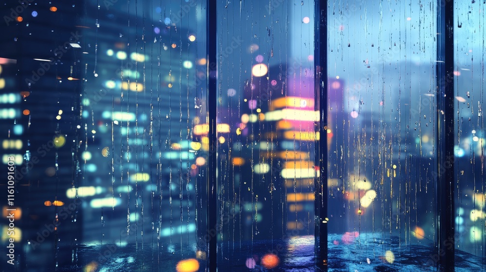 Poster Urban Nightscape with Raindrops on Window Creating a Moody Atmospheric Scene