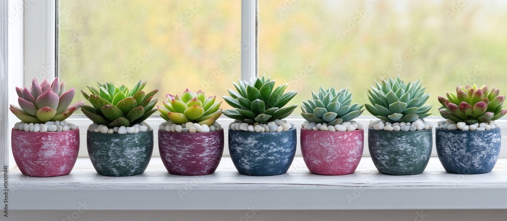 Poster various colorful potted succulents arranged on a white windowsill with decorative pebbles and a back