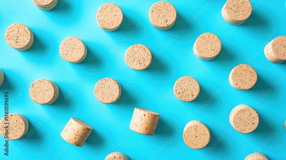 Poster cork stoppers arranged on a vibrant blue background creating a visually appealing empty space for te