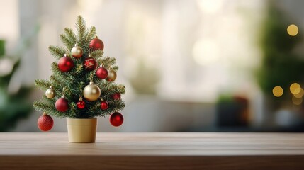 Festive Mini Christmas Tree - A small potted Christmas tree decorated with red and gold ornaments, symbolizing joy, celebration, winter, festivity, and tradition.