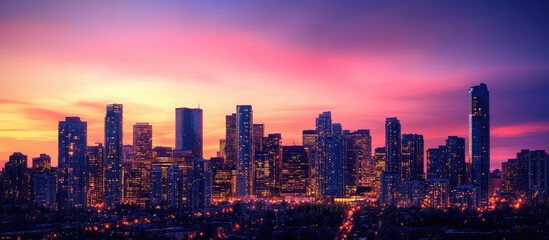 Fototapeta premium Stunning City Skyline at Sunset Featuring Illuminated Buildings and Blank Space for Text Overlay
