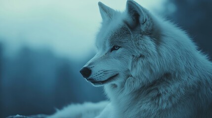 Majestic Wolf Portrait in Ethereal Blue Lighting Capturing Nature's Beauty and Wilderness Essence