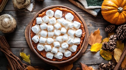 Fototapeta premium Delicious sweet potato casserole with marshmallow topping surrounded by autumn decor and seasonal elements