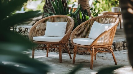 Obraz premium Stylish outdoor seating with two elegant brown wooden chairs featuring white cushions amidst lush greenery.