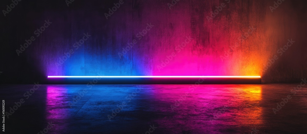 Poster colorful neon lights illuminating a dark space with reflections and ample room for text or graphics 