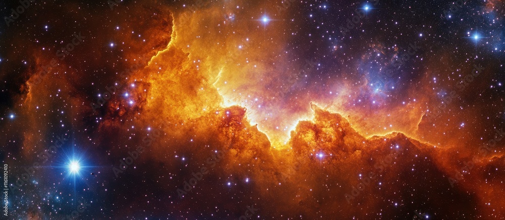 Poster cosmic nebula with fiery colors and bright stars in space ideal for background or text overlay
