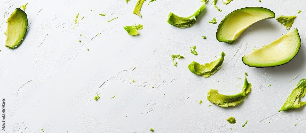 Poster sliced avocado pieces on a clean white surface showcasing natural texture with ample negative space 