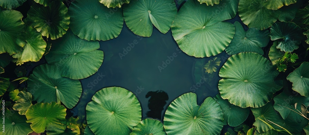 Aufkleber aerial view of lush green lotus leaves in serene pond creating a natural frame with space for adding