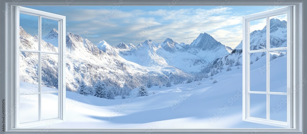Poster scenic window view of snow-capped mountains with tranquil winter landscape and placeholder for text 