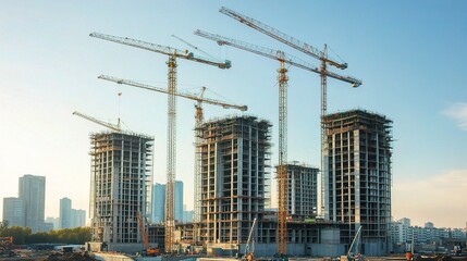Fototapeta premium Cityscape Under Construction with Digital Network Lines Visuals