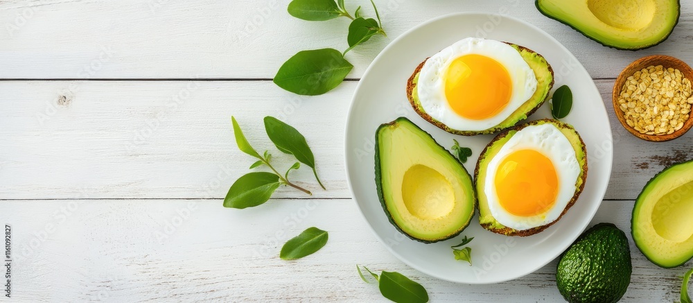 Poster minimalist avocado toast topped with poached eggs on a white plate with fresh greenery and empty spa