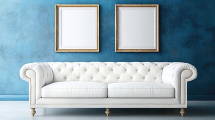 Contemporary living room featuring a white textured sofa on a white surface against a blue wall with two empty picture frames above