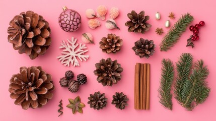 Christmas decoration flat lay on pink background featuring pinecones, ornaments, and festive elements for holiday imagery and design.