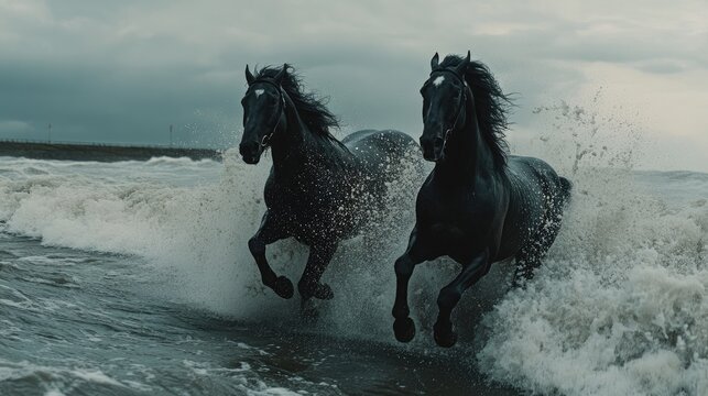 Dynamic scene of two majestic black horses running through turbulent ocean waves under a dramatic sky showcasing power and elegance.