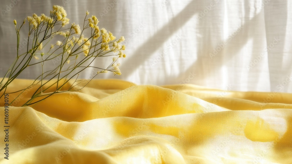 Poster yellow fabric draped elegantly with soft light shadows creating artistic overlays for creative image
