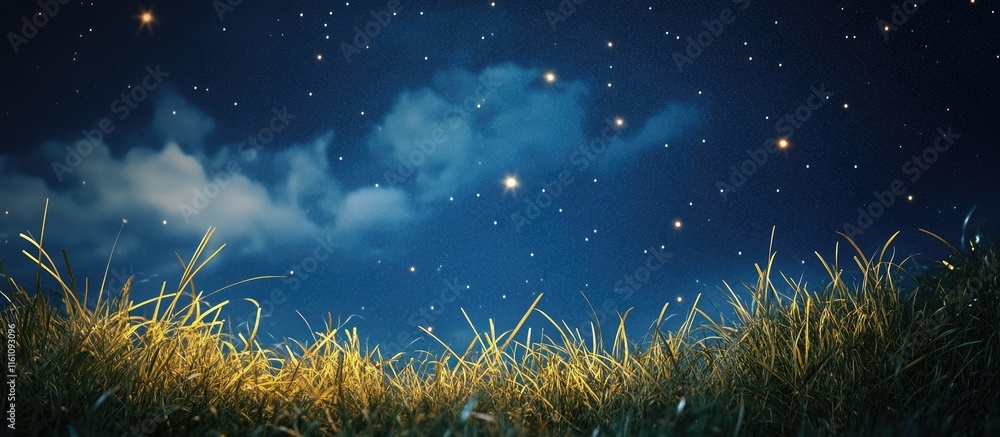 Poster night sky with stars over grassy field creating a serene nature scene with empty space for text and 
