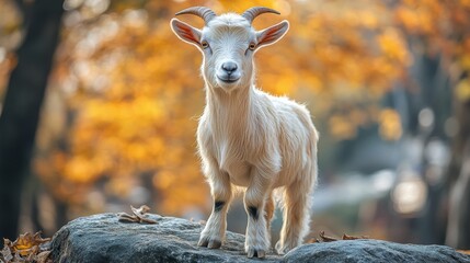Majestic goat standing on rocky terrain with scenic backdrop during daylight
