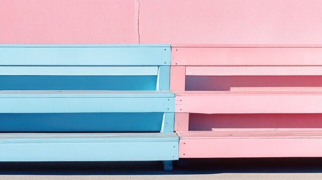 Two Vibrant Bleachers in Light Blue and Pink Colors Against a Solid Wall Background