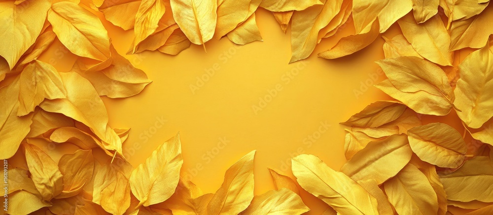 Aufkleber golden autumn leaves frame on a vibrant yellow background creating a perfect space for text or desig