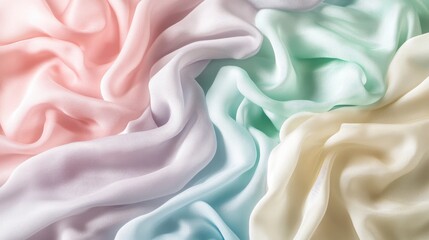 Obraz premium Soft pastel silk fabric smooth texture background in gentle hues of pink green and cream for elegant design concepts