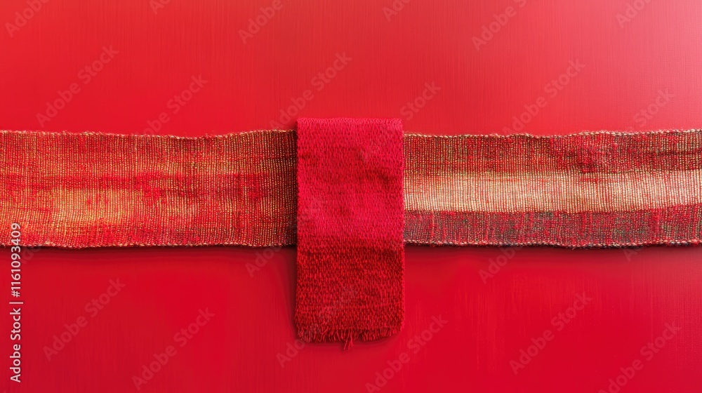 Poster red fabric strip elegantly displayed on a matching red backdrop creating a vibrant and monochromatic
