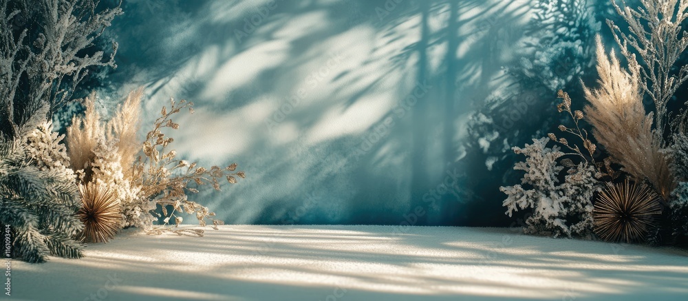 Poster elegant winter holiday display with enchanting decorations and soft shadows creating an inviting bac