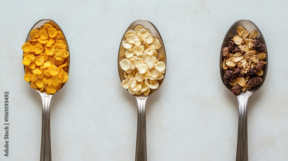 Poster nutritious cereal options featuring cornflakes, granola, and oats in spoons isolated on a light back