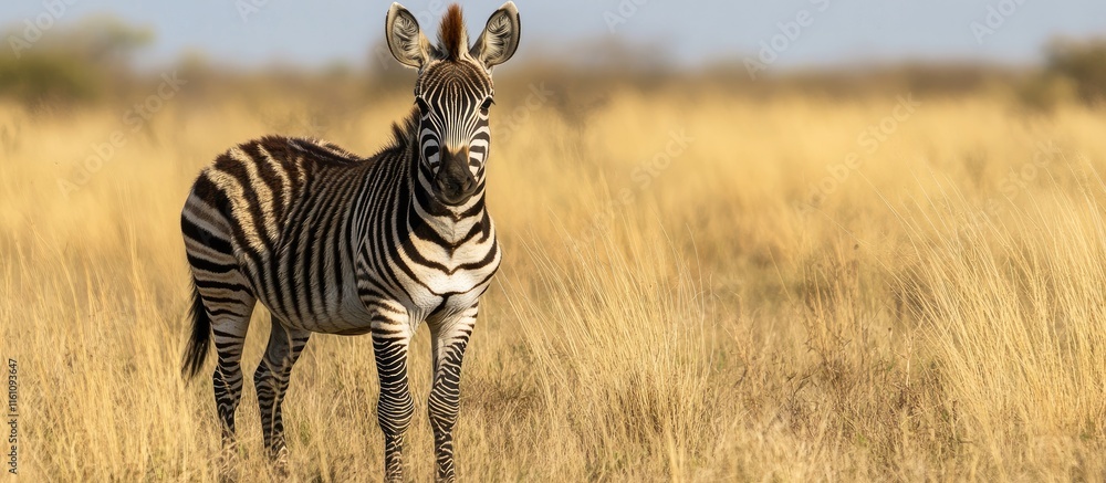 Poster zebra gazing at camera with golden grass background ideal for overlay text and captions in wildlife 