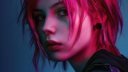 Naklejka premium Young woman with modern and edgy style, featuring striking red hair glowing in the dark. She is wearing unique fashion accessories that reflect contemporary trends.