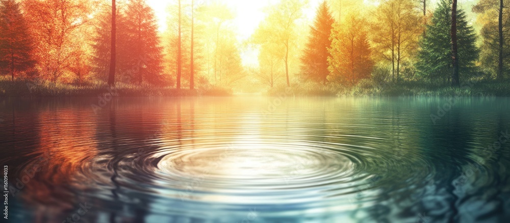 Poster tranquil forest reflection with colorful hues and calm water creating a serene atmosphere ideal for 