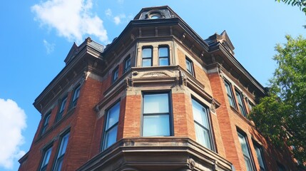 Fototapeta premium Brick House Corner Against Blue Sky Architectural Detail with Empty Copyspace