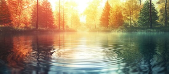 Fototapeta premium Tranquil Forest Reflection with Colorful Hues and Calm Water Creating a Serene Atmosphere Ideal for Nature Themes and Text Placement