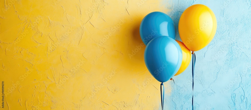 Poster colorful yellow and blue balloons against a textured wall with ample empty space for adding custom t