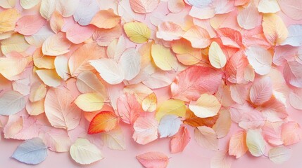 Fototapeta premium Soft pastel background adorned with delicate scattered autumn leaves in soft hues of peach yellow and cream
