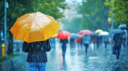 Rainy city street with pedestrians carrying umbrellas in motion creating a lively atmosphere on a wet sidewalk in a vibrant urban setting