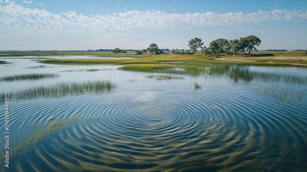 Poster ripples on lagoon surface creating serene ring patterns with reflections of trees and blue sky in a 