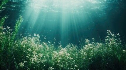 Obraz premium Serene underwater landscape with light rays illuminating vibrant aquatic vegetation and flowers creating a dreamlike atmosphere