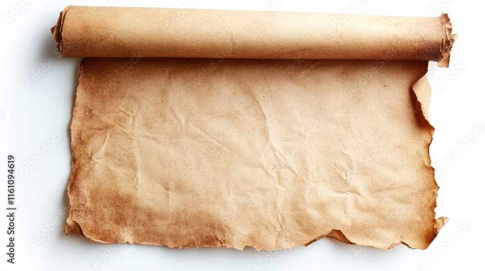 Poster rolled vintage parchment paper resting on a white background showcasing an empty space for design or