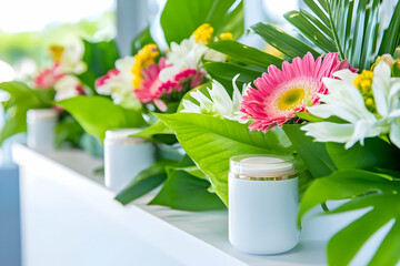 Fototapeta premium Fresh flowers and lush greenery create a vibrant setting, enhancing indoor ambiance with charm