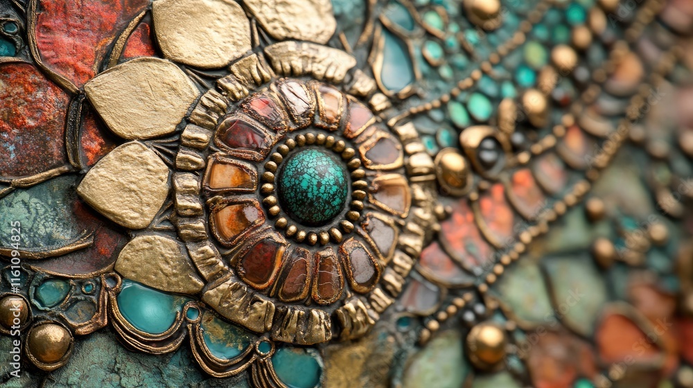 Poster colorful intricate decorative design featuring mixed materials and textures in a harmonious composit