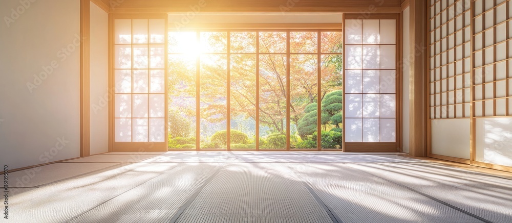 Poster renovated open room with sunlight streaming through windows creating a serene atmosphere ideal for d