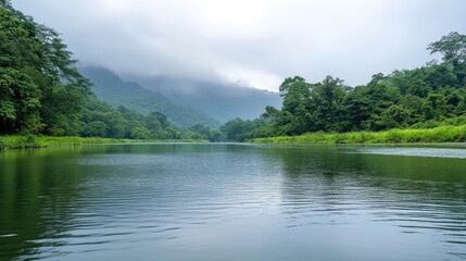 Serene riverbank landscape with lush greenery and misty mountains after rainfall showcasing tranquil water reflections