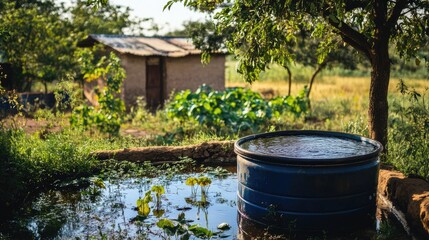 Rainwater harvesting setup ensuring sustainable water supply during drought in rural landscape with greenery and simple dwelling.