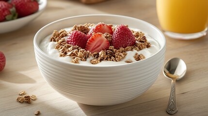 yogurt bowl granola muesli cereal and strawberries toppings, healthy breakfast idea, orange juice fruits spoon background	
