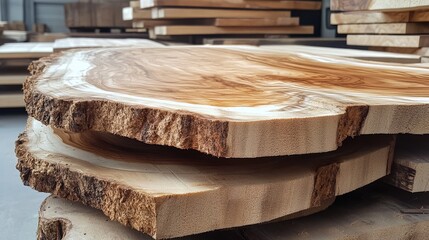 Wood processing facility showcasing stacked hardwood boards with distinct grain patterns highlighting craftsmanship and natural aesthetics.