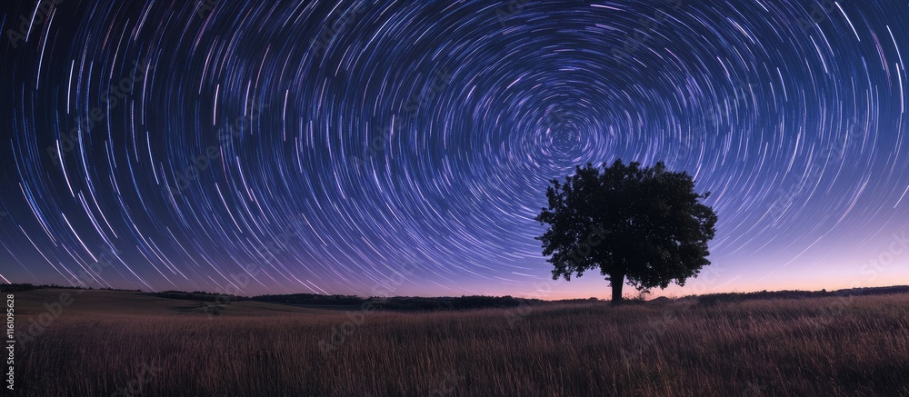 Aufkleber mesmerizing cosmic scene with swirling star trails above a solitary tree and expansive space for cus