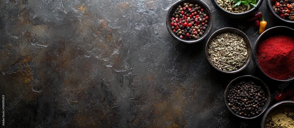 Poster top view of assorted spices in bowls on dark surface with empty space for text showcasing healthy co