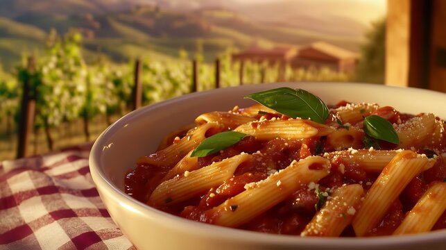 Closeup bowl of vibrant penne arrabbiata bolognese in a spicy tomato sauce, topped with chili flakes and fresh basil leaves; placed on a checkered tablecloth with a scenic Italian vineyard	
